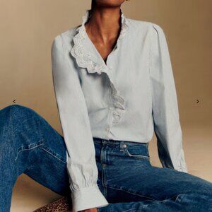 Sézane ecru blue stripes cotton Chlo blouse white lace embroidery FR 42 US 10